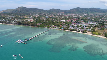 Aerial drone photo of pier on Rawai beach in Phuket, Thailand