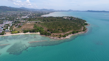 Fototapeta na wymiar Aerial drone photo of the sea and coastline of Rawai beach in Phuket, Thailand