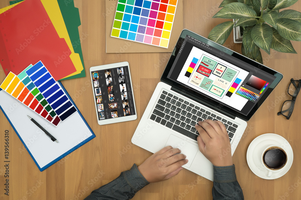 Fototapete creative designer graphic at work. color swatch samples, illustrator graphic designer working digita