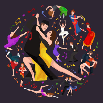 Yong couple man and woman dancing tango with passion, tango dancers vector illustration isolated