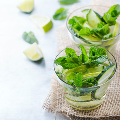 Cucumber lime mint fresh infused water detox drink cocktail lemonade