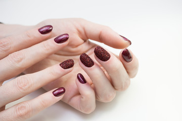 Beautiful hands with stylish manicure. Women have natural nails.