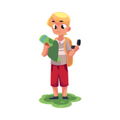 Teenage Caucasian boy with a backpack studying map, holding compass, camping, hiking concept, cartoon vector illustration isolated on white background. Boy scout, tourist with map and compass