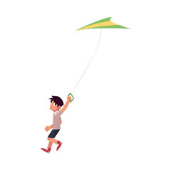 Teenage boy running with colorful kite flying in the sky, cartoon vector illustration isolated on white background. Little teen boy running with a kite, summer outdoor activity