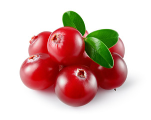 Cranberry with leaves. Fresh raw berries isolated on white. With clipping path. Full depth of field.