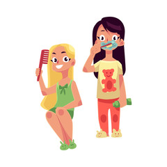 Little girls in pajamas brushing teeth and combing hair, evening hygiene routine, cartoon vector illustration isolated on white background. Girls brushing teeth and combing hair, health care concept