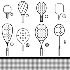 vector icons set of different game rackets, balls and shuttlecock to play to badminton, table and big tennis, beach  and platform tennis, pickleball, squash on white isolated backgrounds