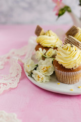 Delicious cupcakes with yellow cream and white flowers on pink background