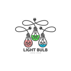 Logo of three black outline, line art light bulbs with different content levels and powers cords, vector illustration isolated on white background. Logotype, logo design with three light bulbs