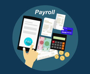Payroll salary payment and money wages money calculator concept illustration