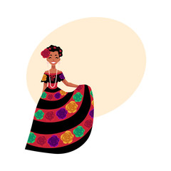 Mexican woman in traditional national dress decorated with embroidered flowers, cartoon vector illustration with place for text. Full length portrait of Mexican woman in national dress