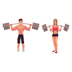 Man and woman bodybuilders, weightlifters working out, training with barbells, cartoon vector illustration isolated on white background. Full length portrait of man, woman bodybuilders with barbells