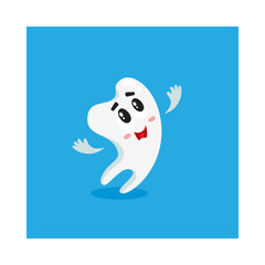 Cute and happy shiny white tooth character looking up, singing, dental care concept, isolated cartoon vector illustration. Happy singing tooth character, mascot, dental health care symbol