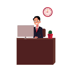 Young businessman sitting and working at office desk, looking at the monitor, cartoon vector illustration isolated on white background. Businessman, worker, employee working in office, on computer