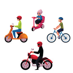 People riding bicycle, scooter, motorcycle, urban motor transport concept, cartoon vector illustration isolated on white background. People riding on motor transport - bicycle, scooter, motorcycle