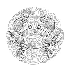Coloring page. Ornate crab in circle, mandala isolated on white background.