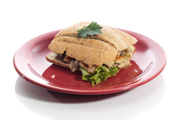 Healthy chicken and mushroom sandwich on red plate over white background