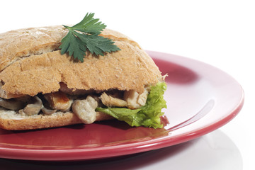 Healthy chicken and mushroom sandwich on red plate over white background