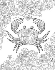 Coloring page. Ornate crab and sea waves. Vertical composition. - 139570977
