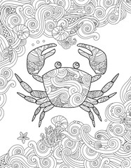 Coloring page. Ornate crab and sea waves. Vertical composition.