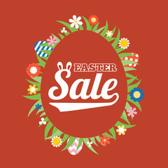 Easter sale in egg frame and around with grass, flower, easter egg. For advertise promotion business, flat design