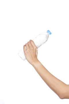 woman hand with bottle of water on white background