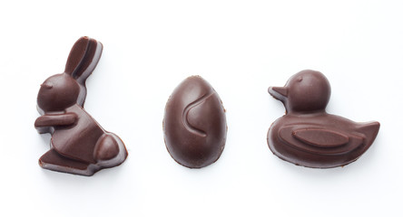 Chocolate easter bunny, chocolate easter egg and chocolate easter duck isolated