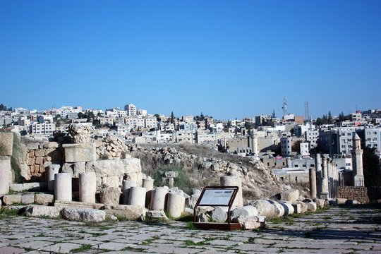 View from ancient Jerash to the modern city in Jordan, Middle East 