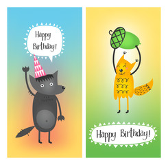 Greeting Cards - Happy Birthday. Wolf cute, funny squirrel with acorns