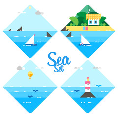 Vector set. Sea, island reefs. The lighthouse in the sea. Whale in the ocean. Bungalow on island.