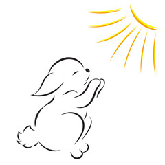 Vector image of silhouettes cute rabbit under the bright sun isolated on white background