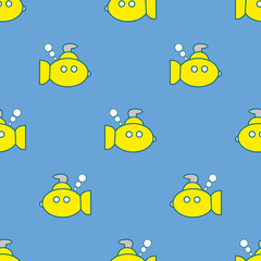 Yellow submarines seamless pattern on the blue background. Children's style. Vector illustration for birthday, anniversary, party invitations, scrapbooking, prints, fabric, cards.  Marine theme