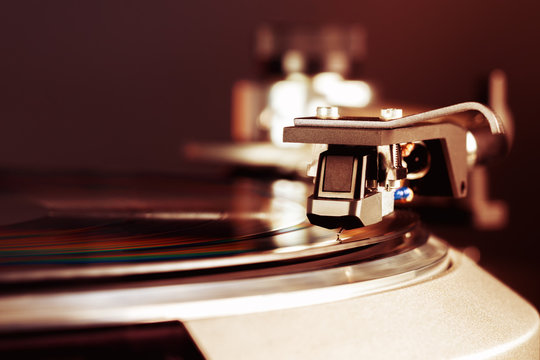 Vintage Turntable In Action Closeup