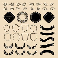Beg vector set of ribbons, laurels, wreaths, labels and speech bubbles in flat style.