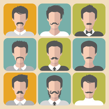 Vector set of different man with moustache app icons in flat style.