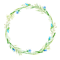 Fototapeta na wymiar Wreath of a meadow herbs and bluebell flowers. Garland of a spike and timothy grass. Watercolor hand drawn illustration.