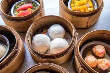 yumcha, dim sum in bamboo steamer, chinese cuisine