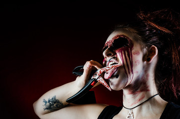 crazy girl with scissors in the blood halloween - obrazy, fototapety, plakaty