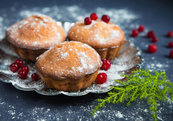 Obraz na płótnie Canvas Fresh baked muffins and cranberry berries for breakfast calorie dessert on a dark background