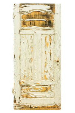 Old weathered door with cracked white paint isolated on white