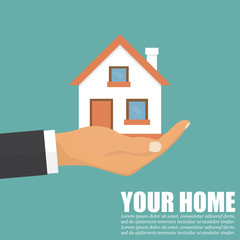 Fototapeta na wymiar Hand agent with home in a flat design. Vector illustration