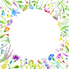 Floral round frame of a wild flowers and herbs on a white background.Buttercup,cornflower,clover,bluebell,forget-me-not,vetch,timothy grass,lobelia,snowdrop flowers.Watercolor hand drawn illustration.