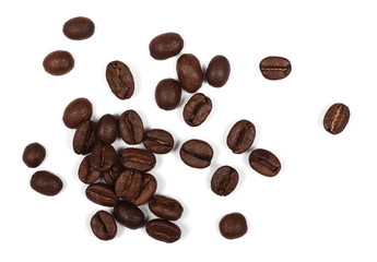 pile coffee beans isolated on white background and texture, top view
