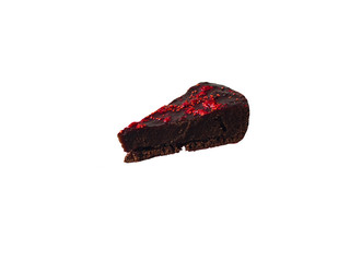 Sweet and tasty Chocolate cake slice with strawberries isolated on white.
