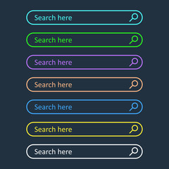 Search bar field. Set vector interface elements with search button. Flat vector illustration on dark blue background.