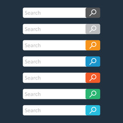 Search bar field. Set vector interface elements with search button. Flat vector illustration on dark blue background.