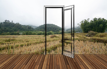 Fototapeta premium Landscape behind the opening door,3D