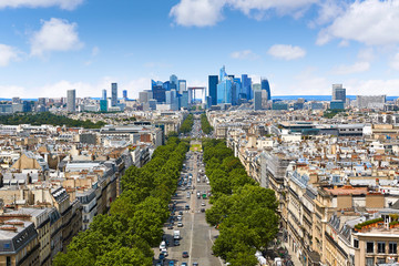 Paris skyline Champs Elysees and La Defense - obrazy, fototapety, plakaty