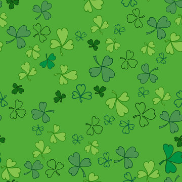 Seamless pattern with Saint Patricks day lime green shamrock leaves. Irish doodle background