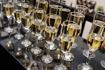 many glasses of champagne close-up against the dark wallpaper